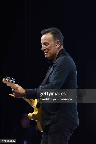 Musician Bruce Springsteen performs on stage at the New York Comedy Festival and the Bob Woodruff Foundation's 9th Annual Stand Up For Heroes Event...