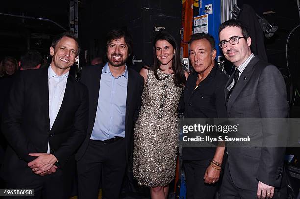 Seth Meyers, Ray Romano, Lydia Fenet, Bruce Springsteen, and John Oliver pose backstage at the New York Comedy Festival and the Bob Woodruff...