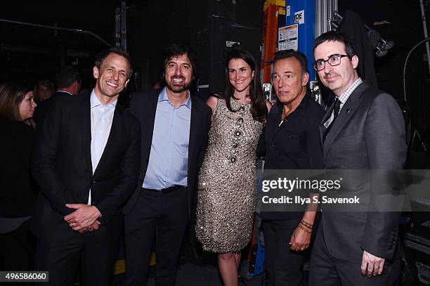 Seth Meyers, Ray Romano, Lydia Fenet, Bruce Springsteen, and John Oliver pose backstage at the New York Comedy Festival and the Bob Woodruff...