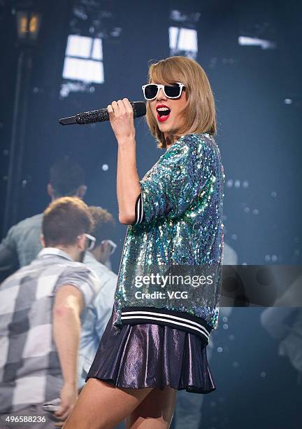 Taylor Swift performs live on stage during the 1989 World Tour Live at Mercedes-Benz Arena on November 10, 2015 in Shanghai, China.