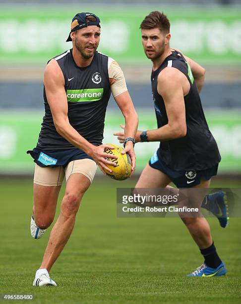 Dale Thomas of the Blues runs with the ball during a Carlton Blues AFL training session at Ikon Park on November 11, 2015 in Melbourne, Australia.