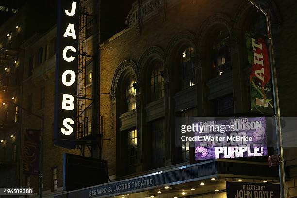 Theatre Marquee for the first preview curtain call bows of Broadway's 'The Color Purple' at The Bernard B. Jacobs Theatre on November 10, 2015 in New...