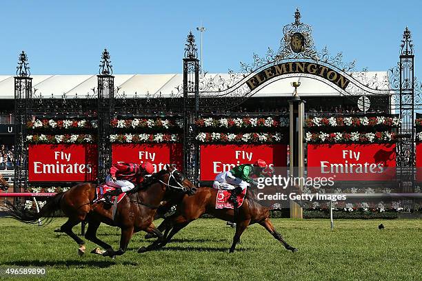 Kerrin McEvoy riding Turn Me Loose wins race 7 the Emirates Stakes on Stakes Day at Flemington Racecourse on November 7, 2015 in Melbourne, Australia.