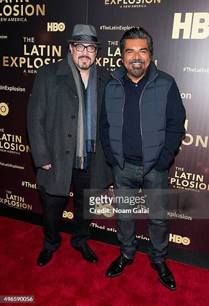 Actor David Zayas and Comedian George Lopez attend "The Latin Explosion: A New America" New York premiere at Hudson Theatre on November 10, 2015 in...