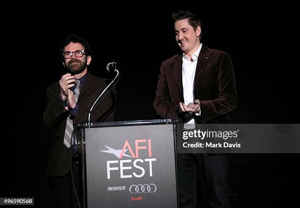 Writer/director/producer Charlie Kaufman and director/producer Duke Johnson speak onstage at the screening and Q&A for the Paramount Pictures film...