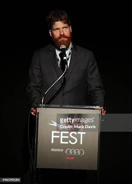 Associate Director of Programming at AFI FEST Lane Kneedler speaks onstage at the screening and Q&A for the Paramount Pictures film 'Anomalisa' at...