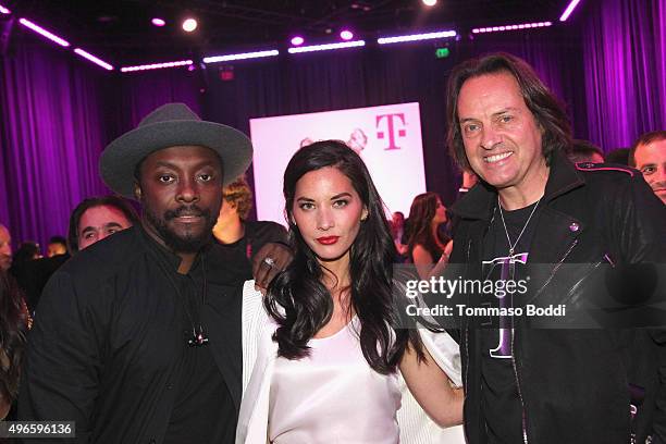 Singer-songwriter will.i.am, actress Olivia Munn and President and CEO of T-Mobile John Legere attend T-Mobile Un-carrier X Launch Celebration at The...