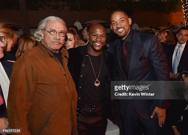 Actor Edward James Olmos, boxer Floyd Mayweather, and actor Will Smith attend the after party for the Centerpiece Gala Premiere of Columbia Pictures'...