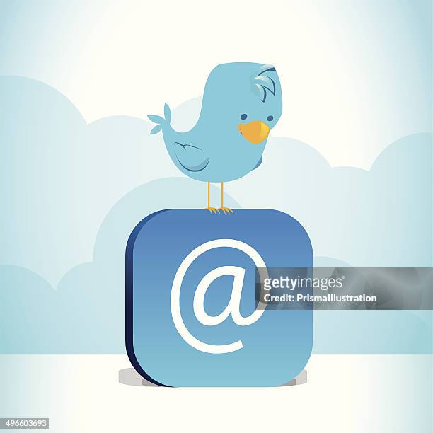 bildbanksillustrationer, clip art samt tecknat material och ikoner med blue bird perched on blue @ symbol - instant messaging