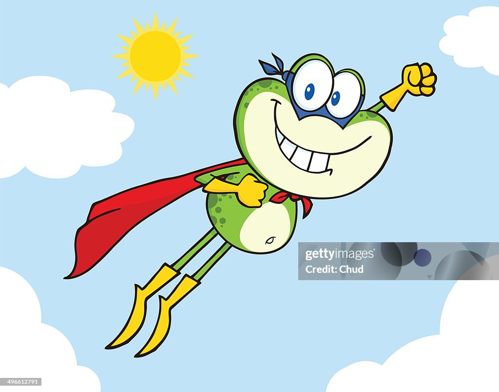 Frog Superhero Flying In The Sky