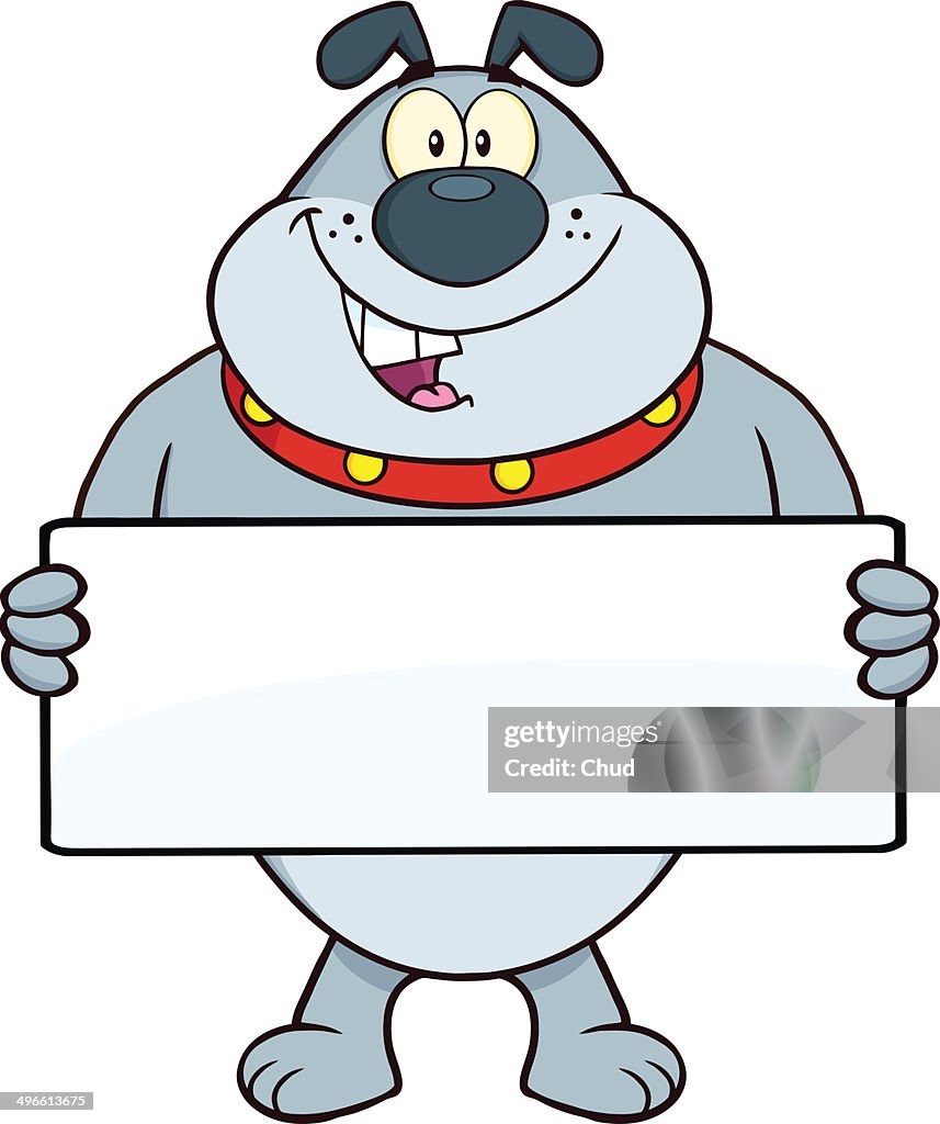 Gray bulldog holding a banner