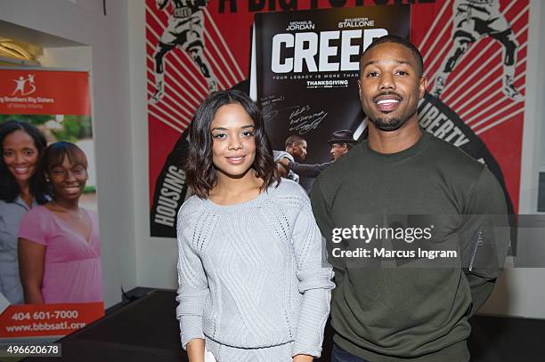 Creed' stars Michael B. Jordan and Tessa Thompson attend the Big Brothers Big Sisters of Metro Atlanta mural unveiling on November 10, 2015 in...