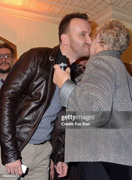 Prix de Flore 2015 winner Jean-Noel Orengo and Colette Siljegovic attend the "Prix De Flore 2015 : " Literary Prize Winner Announcement at Cafe de...