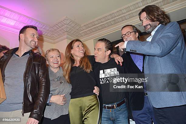 Prix de Flore 2015 winner Jean-Noel Orengo , Colette Siljegovic owner of Cafe de Flore, her daughter Carole Chretiennot, Philippe Vandel, Louis...