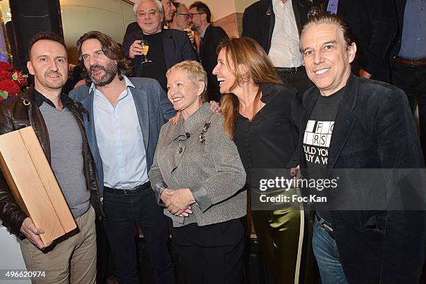 Prix de Flore 2015 winner Jean-Noel Orengo , Frederic Beigbeder, Colette Siljegovic owner of Cafe de Flore, her daughter Carole Chretiennot and...