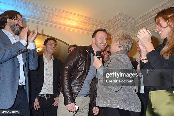 Frederic Beigbeder, Prix de Flore 2015 winner Jean-Noel Orengo , Colette Siljegovic owner of Cafe de Flore, her daughter Carole Chretiennot attend...