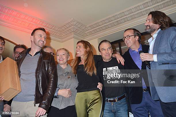 Prix de Flore 2015 winner Jean-Noel Orengo , Colette Siljegovic owner of Cafe de Flore, her daughter Carole Chretiennot, Philippe Vandel, Louis...