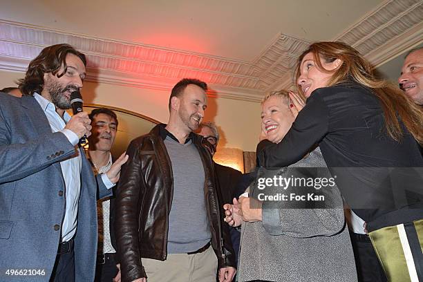 Frederic Beigbeder, Prix de Flore 2015 winner Jean-Noel Orengo , Colette Siljegovic owner of Cafe de Flore, her daughter Carole Chretiennot attend...