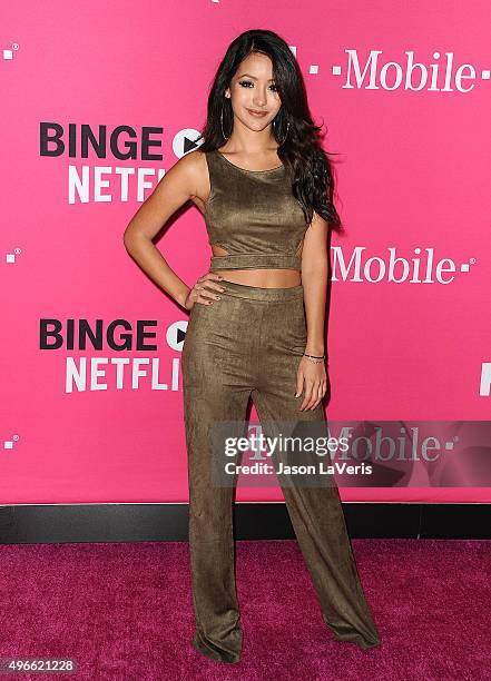 Model Melanie Iglesias attends the T-Mobile Un-carrier X launch at The Shrine Auditorium on November 10, 2015 in Los Angeles, California.