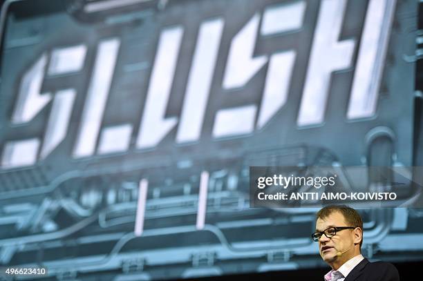 Finland's Prime Minister Juha Sipilae speaks at the opening ceremony of the Slush 2015 startup and tech event in Helsinki, on November 11, 2015....