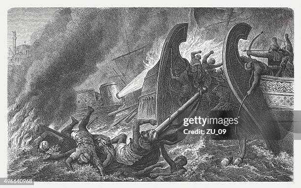 stockillustraties, clipart, cartoons en iconen met greek fire against the arabs in constantinople, 7th cebntury - battle ship
