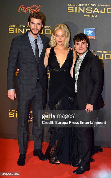 Liam Hemsworth, Jennifer Lawrence and Josh Hutcherson attend 'The Hunger Games: Mockingjay Part 2' premiere at Kinepolis cinema on November 10, 2015...