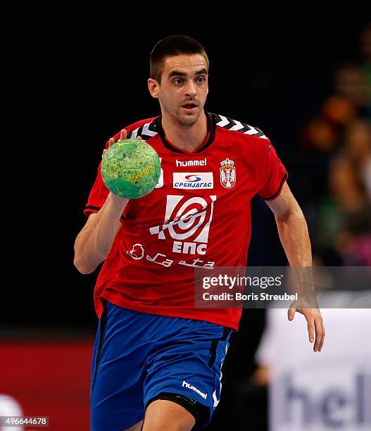 Zarko Sesum of Serbia in action during the men's Handball Supercup between Germany and Serbia at Barclaycard Arena on November 7, 2015 in Hamburg,...