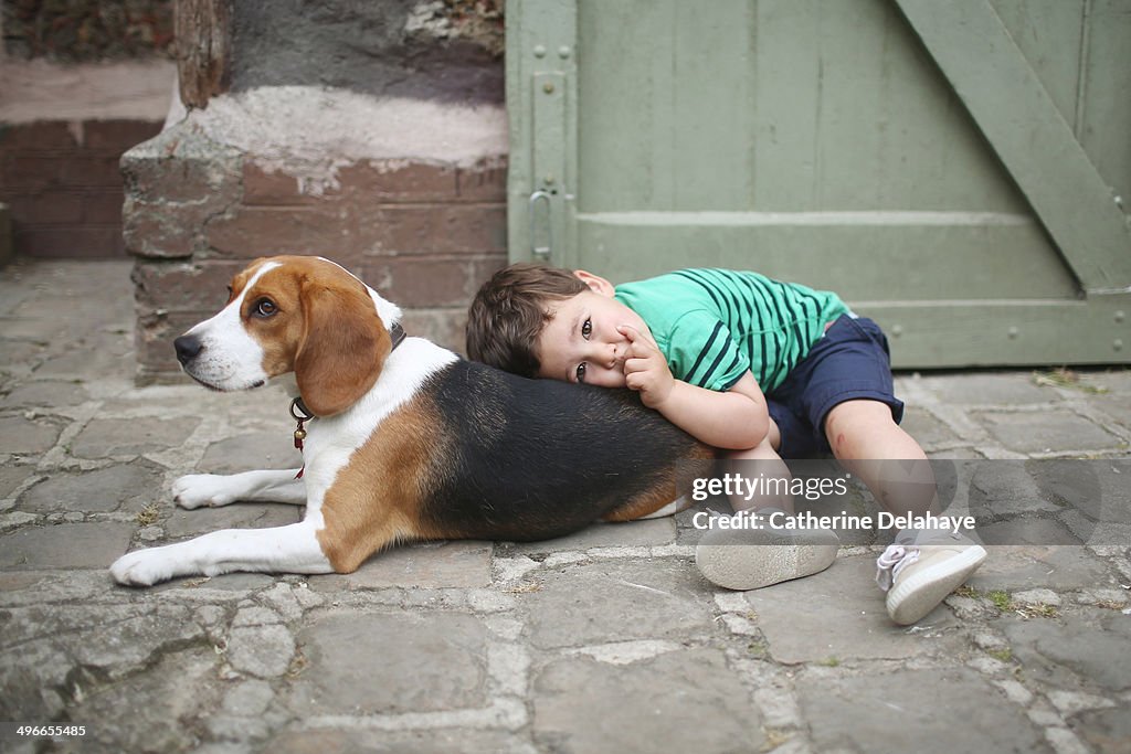 A 3 years old boy with his dog, a beagle