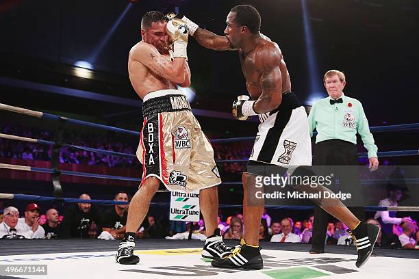 Anthony Mundine of Australia and Charles Hatley of the USA contest at The Melbourne Convention and Exhibition Centre on November 11, 2015 in...