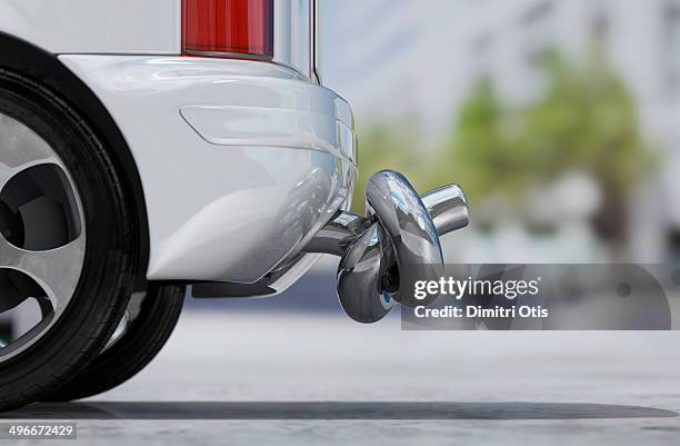 rear of car with exhaust pipe in a knot - smog pollution stock pictures, royalty-free photos & images