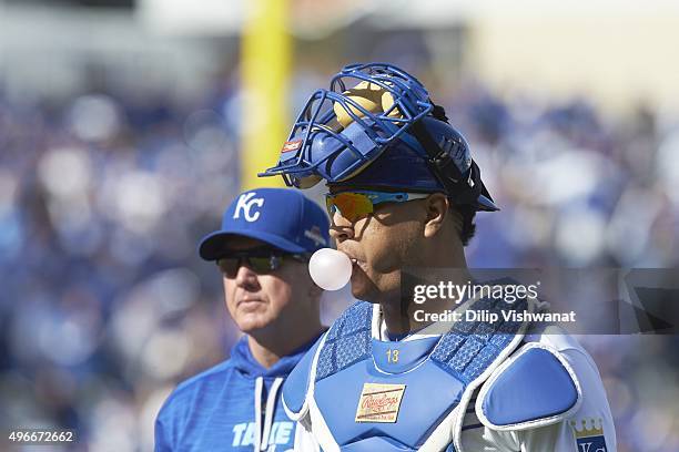 Baseball ALCS Playoffs: Closeup of Kansas City Royals Salvador Perez during Game 2 vs Toronto Blue Jays at Kauffman Stadium. Kansas City, MO CREDIT:...