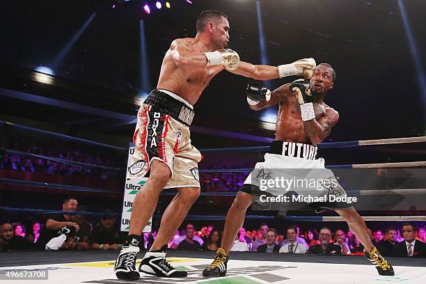 Anthony Mundine of Australia and Charles Hatley of the USA contest at The Melbourne Convention and Exhibition Centre on November 11, 2015 in...