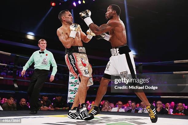 Anthony Mundine of Australia and Charles Hatley of the USA contest at The Melbourne Convention and Exhibition Centre on November 11, 2015 in...