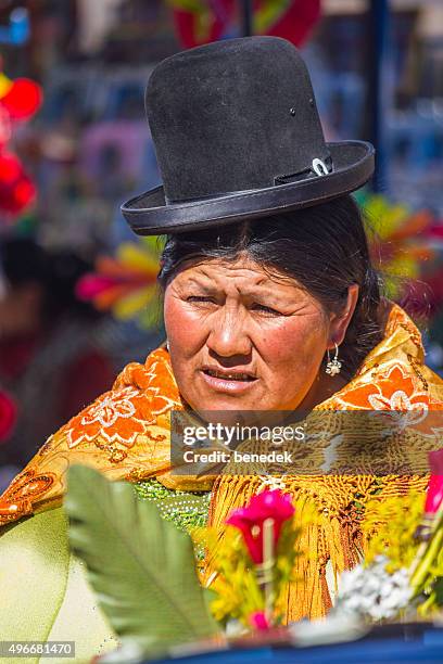 femme en vêtements traditionnels et chapeau melon bolivie - bolivia photos et images de collection