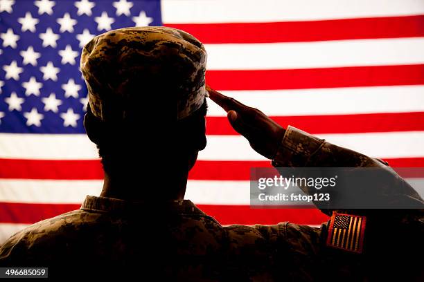 silhouette of soldier saluting the american flag - appreciation stockfoto's en -beelden