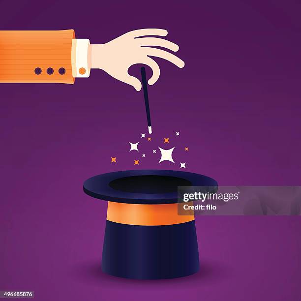 magician magic wand and hat - top hat stock illustrations