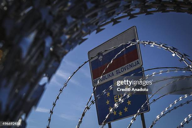 Barbed wires installed by the Slovenian police are seen on the Slovenia-Croatia border in Brezice, Slovenia on November 11, 2015. Slovenia has...