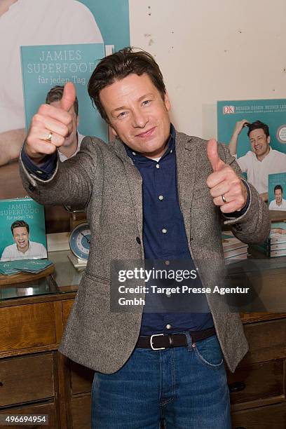 Jamie Oliver poses during the presentation of the book 'Everyday Super Food' on November 11, 2015 in Berlin, Germany.