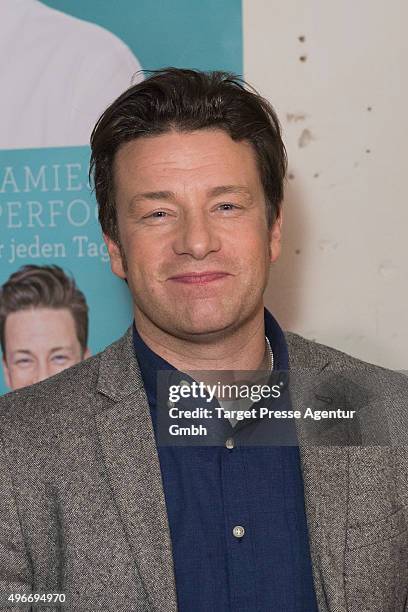 Jamie Oliver poses during the presentation of the book 'Everyday Super Food' on November 11, 2015 in Berlin, Germany.