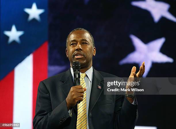 Republican President candidate Dr. Ben Carson speaks at Liberty University, on November 11, 2015 in Lynchburg, Virginia. Today the US Secret Service...