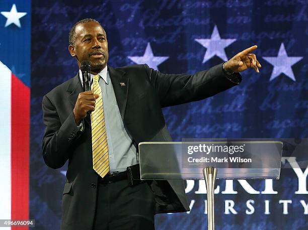 Republican President candidate Dr. Ben Carson speaks at Liberty University, on November 11, 2015 in Lynchburg, Virginia. Today the US Secret Service...