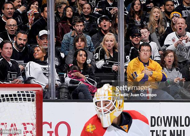Los Angeles Kings fans watch with anticipation as the puck trickles across the goal line past Roberto Luongo of the Florida Panthers on November 7,...