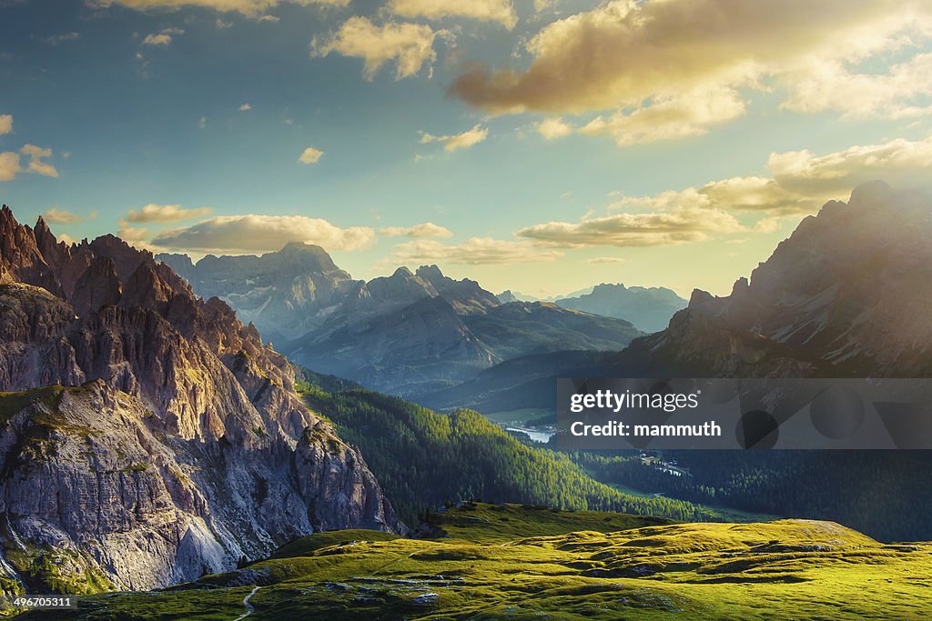 Mountains and valley at sunset