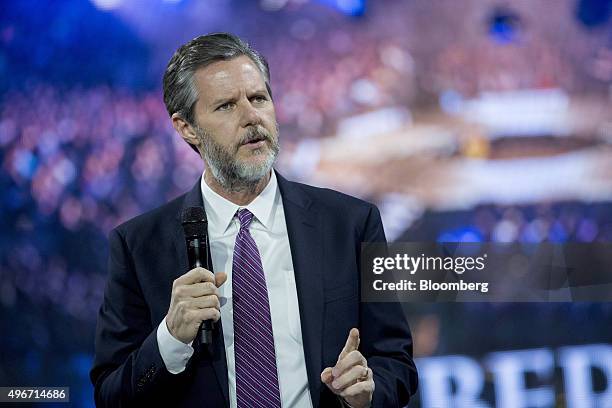 Jerry Falwell Jr., president of Liberty University, speaks during a Liberty University Convocation with Ben Carson, 2016 Republican presidential...