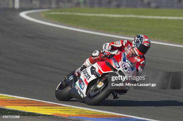 Andrea Dovizioso of Italy and Ducati Team rounds the bend during the second day of test during the MotoGp Tests In Valencia at Ricardo Tormo Circuit...