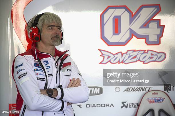 Gigi Dall'Igna of Italy and Ducati Team looks on in the pit during the second day of test during the MotoGp Tests In Valencia at Ricardo Tormo...