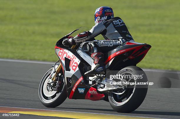 Mike Di Meglio of France of Spain and Factory Aprilia Gresini heads down a straight during the second day of test during the MotoGp Tests In Valencia...