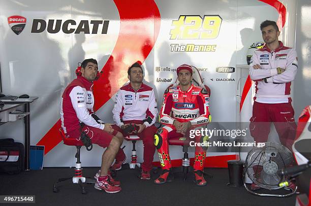 Andrea Iannone of Italy and Ducati Team looks on in the pit during the second day of test during the MotoGp Tests In Valencia at Ricardo Tormo...