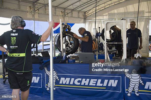 The Michelin staff at work in paddock during the second day of test during the MotoGp Tests In Valencia at Ricardo Tormo Circuit on November 11, 2015...