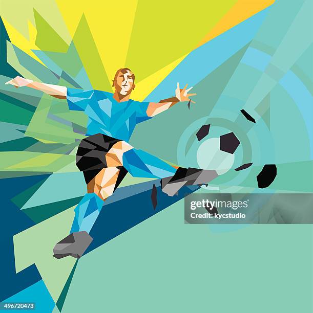 illustrations, cliparts, dessins animés et icônes de low polygon de football joueur shootant dans un ballon en l'air - joueur de football
